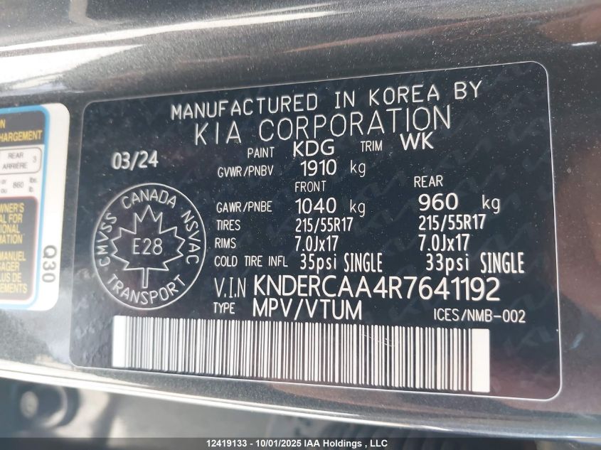 2024 Kia Seltos VIN: KNDERCAA4R7641192 Lot: 12419133