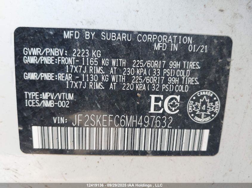 2021 Subaru Forester Convenience VIN: JF2SKEFC6MH497632 Lot: 12419136