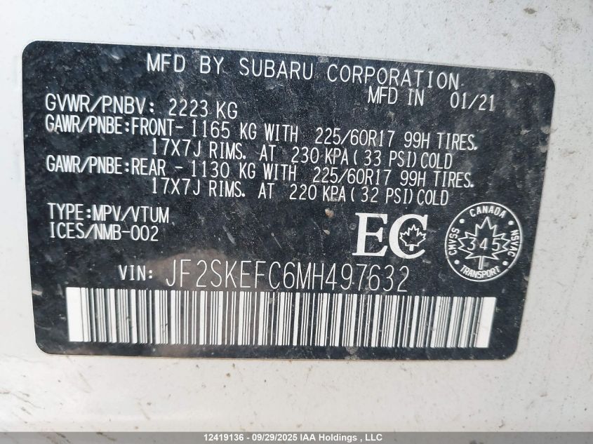 2021 Subaru Forester Convenience VIN: JF2SKEFC6MH497632 Lot: 12419136