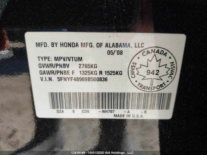 2009 Honda Pilot Touring VIN: 5FNYF48969B500836 Lot: 12419149