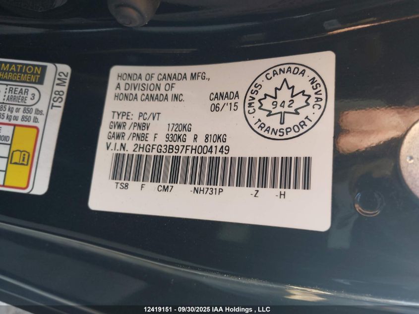 2015 Honda Civic Ex-L Navi VIN: 2HGFG3B97FH004149 Lot: 12419151