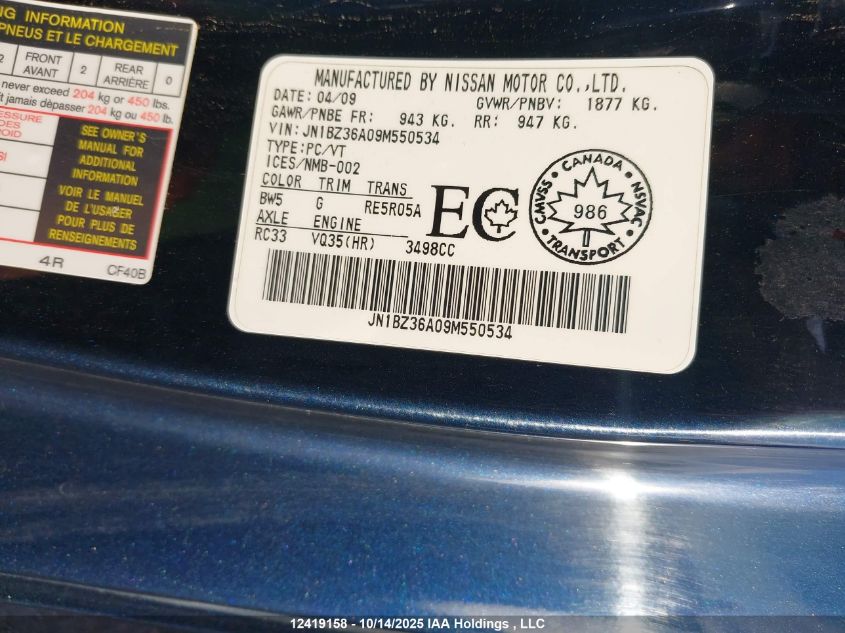 2009 Nissan 350Z VIN: JN1BZ36A09M550534 Lot: 12419158