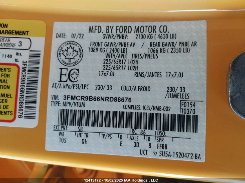 2022 Ford Bronco Sport Big Bend VIN: 3FMCR9B66NRD86676 Lot: 12419172