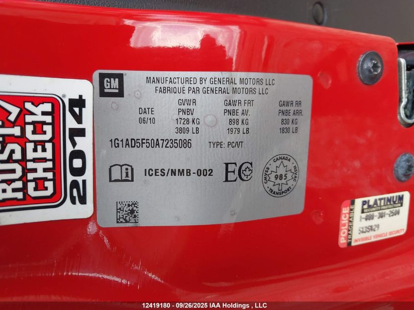 2010 Chevrolet Cobalt Lt VIN: 1G1AD5F50A7235086 Lot: 12419180