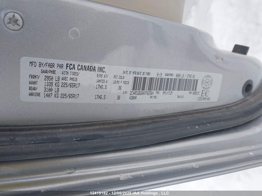 2C4RDGBG8KR762564 2019 DODGE CARAVAN photo no. 9