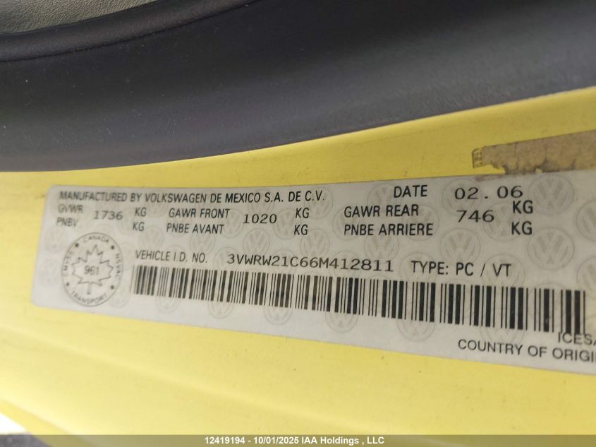 2006 Volkswagen Beetle VIN: 3VWRW21C66M412811 Lot: 12419194