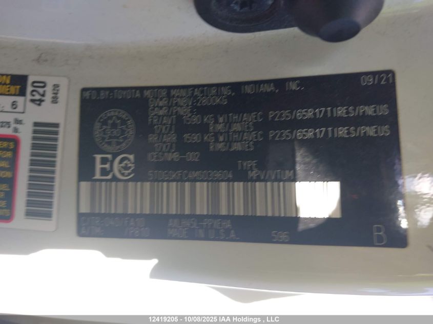 2021 Toyota Sienna Le 8-Passenger VIN: 5TDGSKFC4MS039604 Lot: 12419205