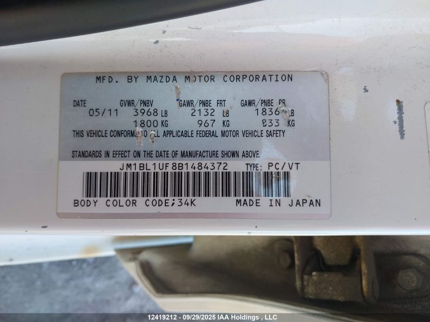 2011 Mazda Mazda3 Gx VIN: JM1BL1UF8B1484372 Lot: 12419212
