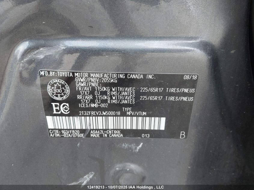 2018 Toyota Rav4 Le VIN: 2T3ZFREV3JW500018 Lot: 12419213