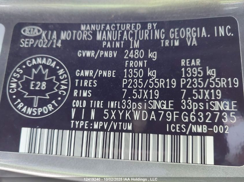 2015 Kia Sorento Sx VIN: 5XYKWDA79FG632735 Lot: 12419240