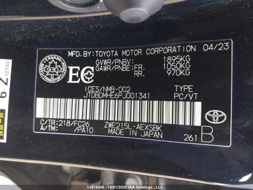 2023 Toyota Corolla Hybrid Se VIN: JTDBDMHE6PJ001341 Lot: 12419246