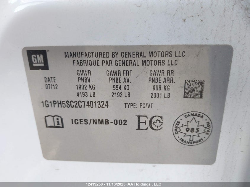 1G1PH5SC2C7401324 2012 CHEVROLET CRUZE photo no. 9