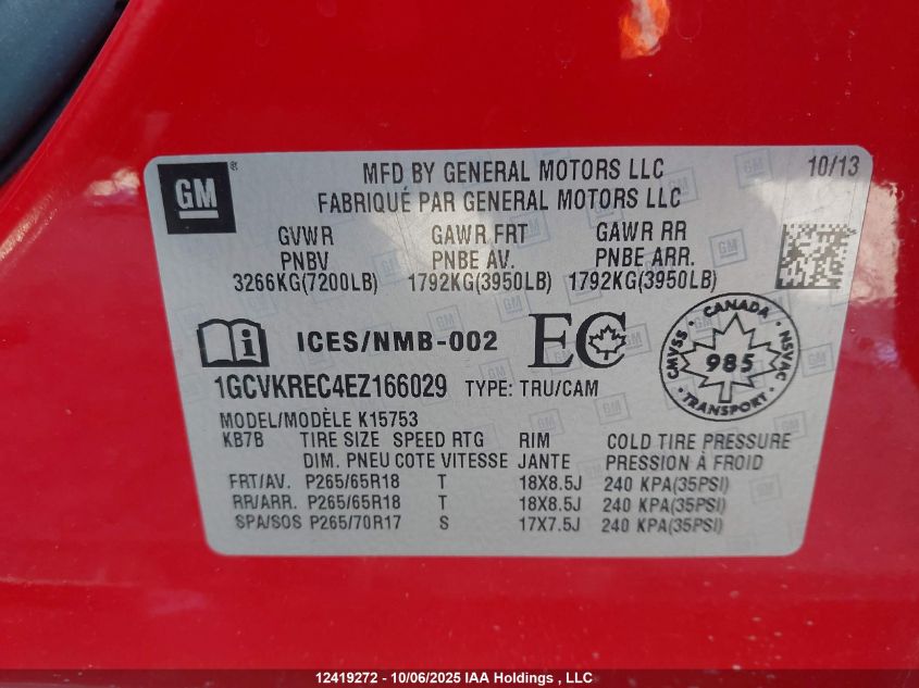 2014 Chevrolet Silverado 1500 1Lt/2Lt VIN: 1GCVKREC4EZ166029 Lot: 12419272
