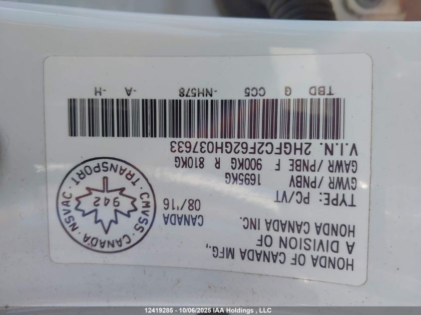 2016 Honda Civic Lx VIN: 2HGFC2F62GH037633 Lot: 12419285