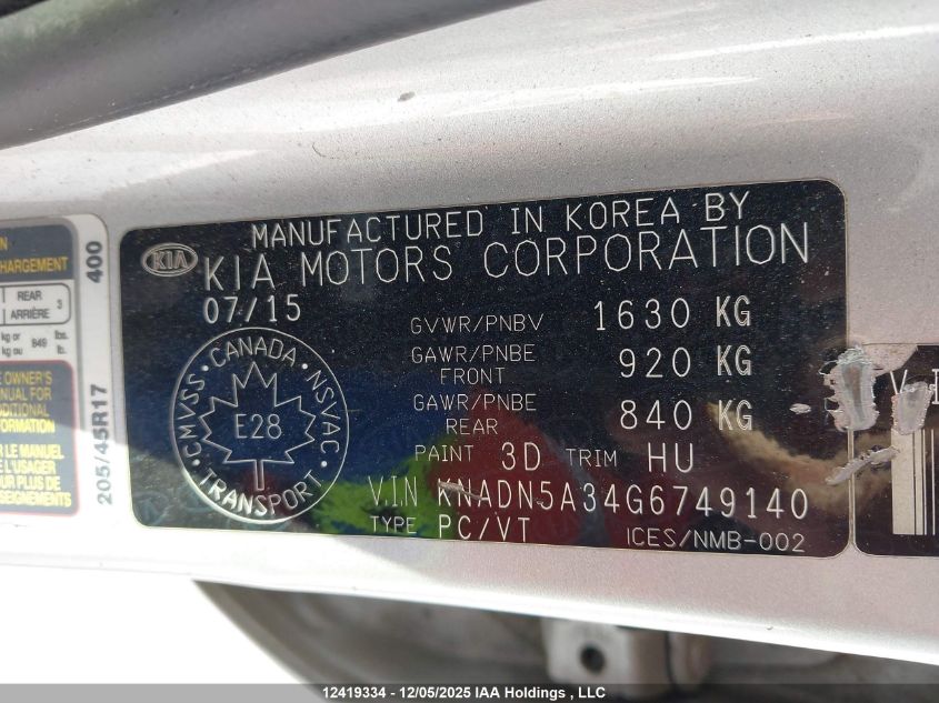 2016 Kia Rio VIN: KNADN5A34G6749140 Lot: 12419334