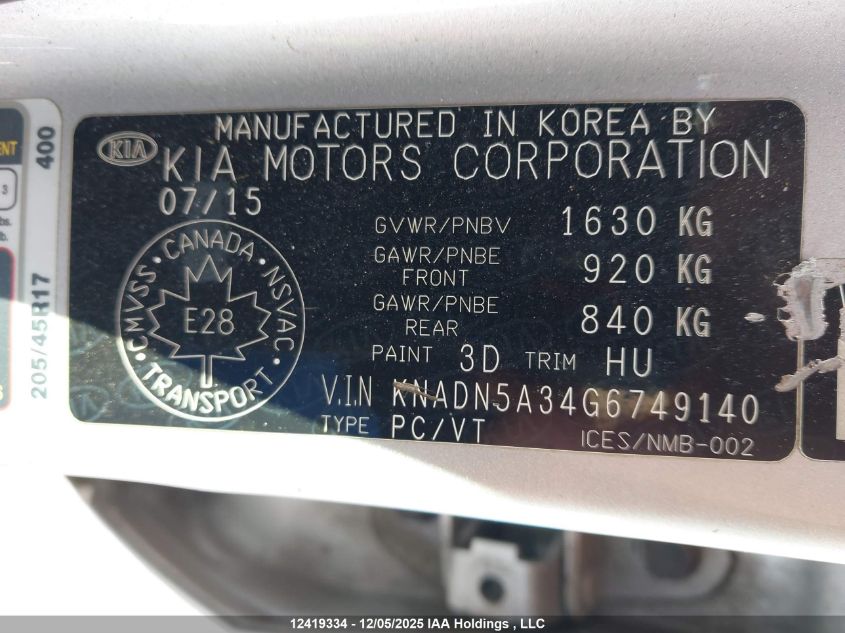 2016 Kia Rio VIN: KNADN5A34G6749140 Lot: 12419334