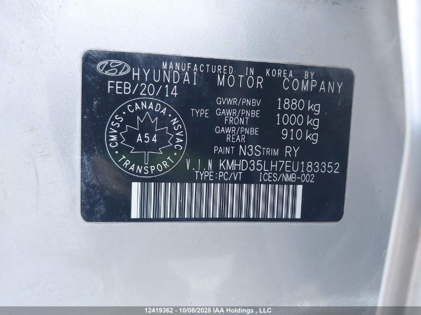 2014 Hyundai Elantra Gt Gls VIN: KMHD35LH7EU183352 Lot: 12419362