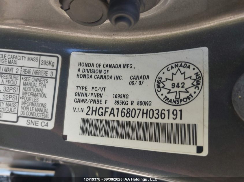 2007 Honda Civic Ex 4Dr VIN: 2HGFA16807H036191 Lot: 12419378