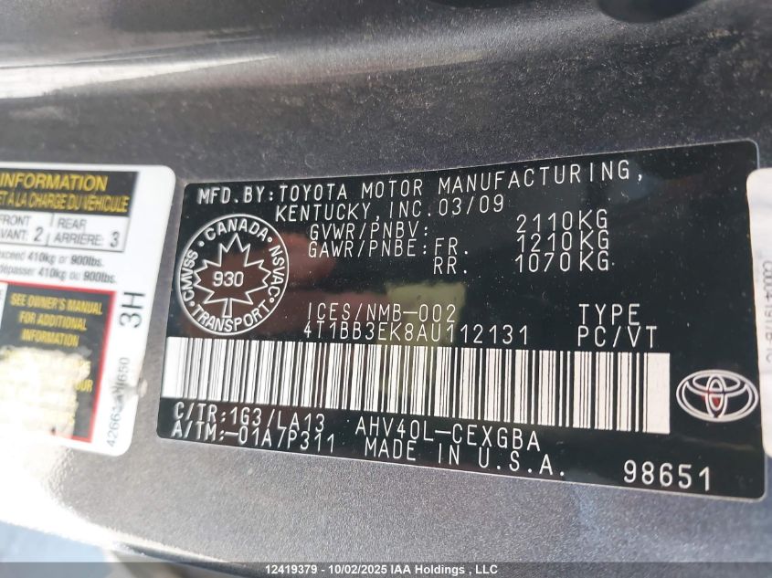 2010 Toyota Camry VIN: 4T1BB3EK8AU112131 Lot: 12419379