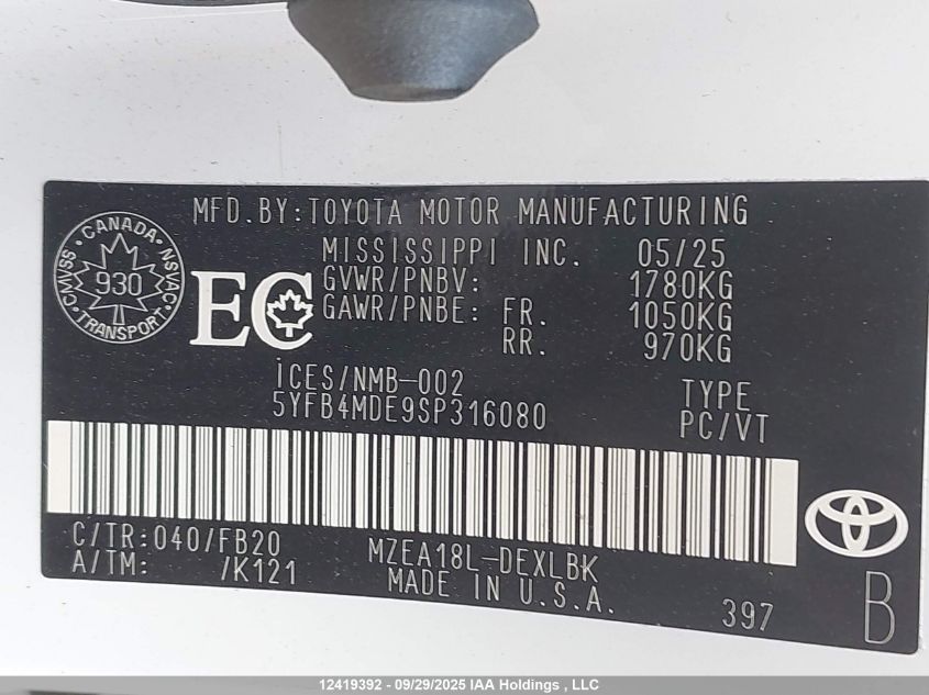2025 Toyota Corolla Le VIN: 5YFB4MDE9SP316080 Lot: 12419392