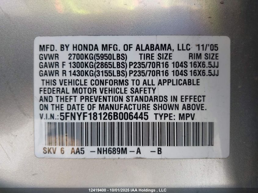 2006 Honda Pilot Lx VIN: 5FNYF18126B006445 Lot: 12419400