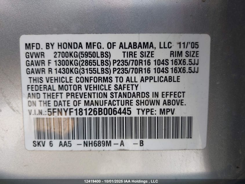 2006 Honda Pilot Lx VIN: 5FNYF18126B006445 Lot: 12419400