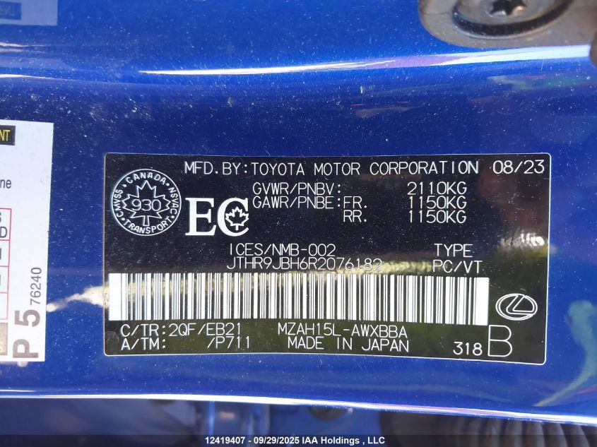 2024 Lexus Ux 250H VIN: JTHR9JBH6R2076182 Lot: 12419407