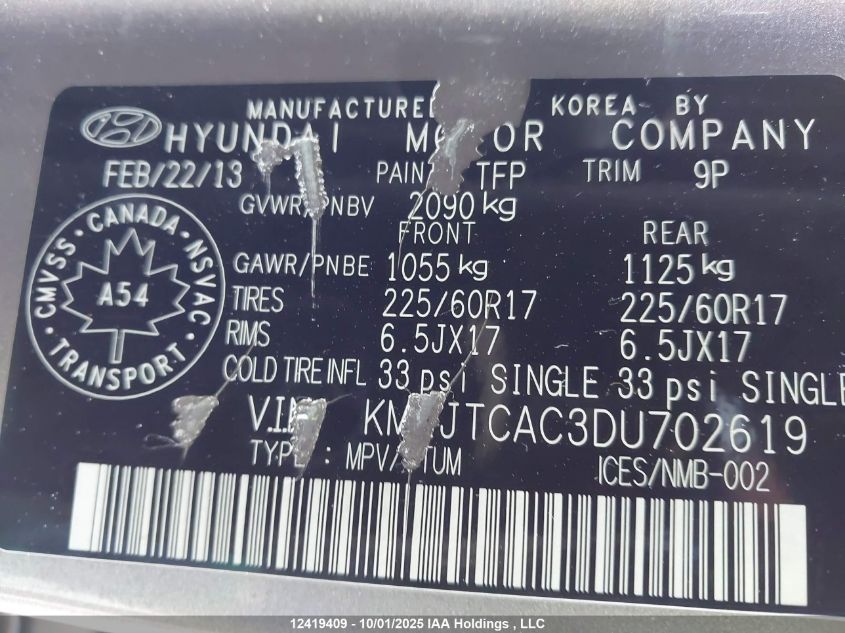 2013 Hyundai Tucson Gl VIN: KM8JTCAC3DU702619 Lot: 12419409