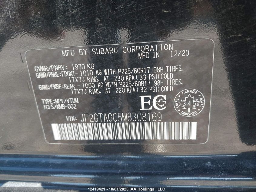 2021 Subaru Crosstrek Sport VIN: JF2GTAGC5M8308169 Lot: 12419421