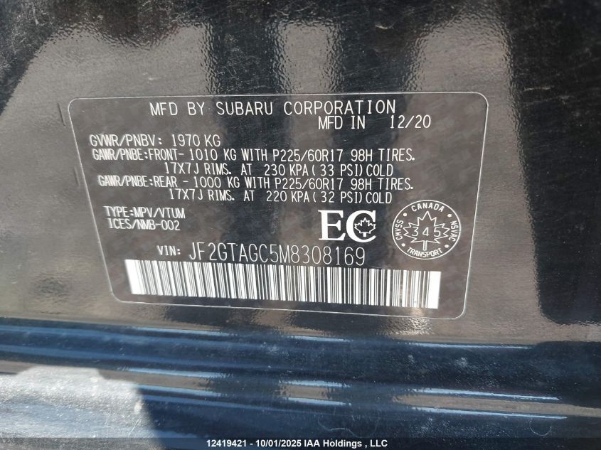 2021 Subaru Crosstrek Sport VIN: JF2GTAGC5M8308169 Lot: 12419421