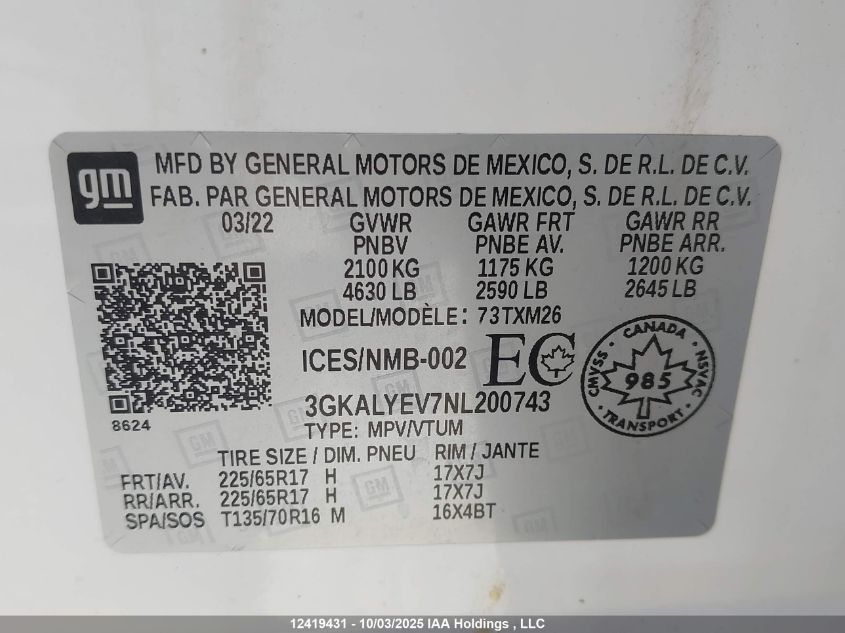 2022 GMC Terrain At4 VIN: 3GKALYEV7NL200743 Lot: 12419431