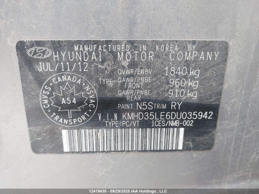 2013 Hyundai Elantra Gt Gls VIN: KMHD35LE6DU035942 Lot: 12419438