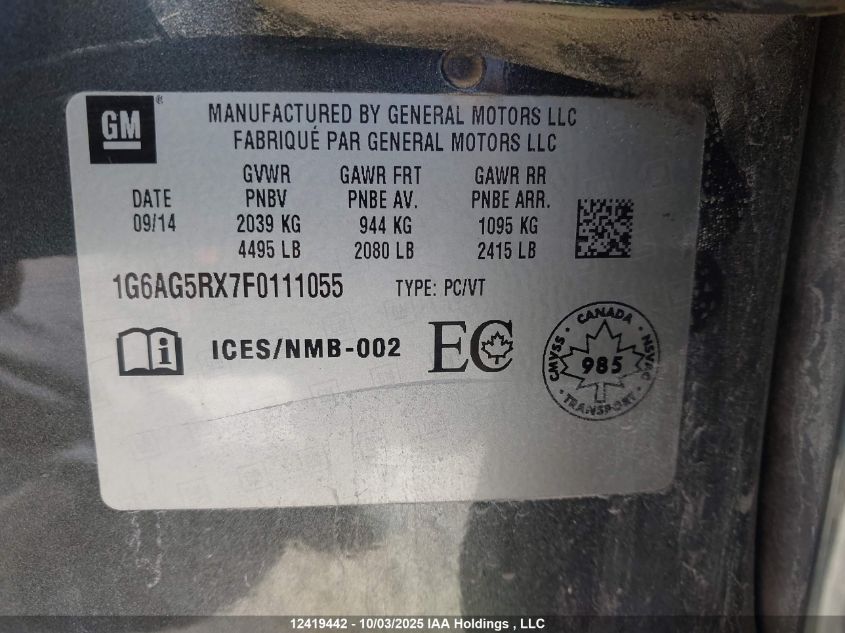 2015 Cadillac Ats VIN: 1G6AG5RX7F0111055 Lot: 12419442