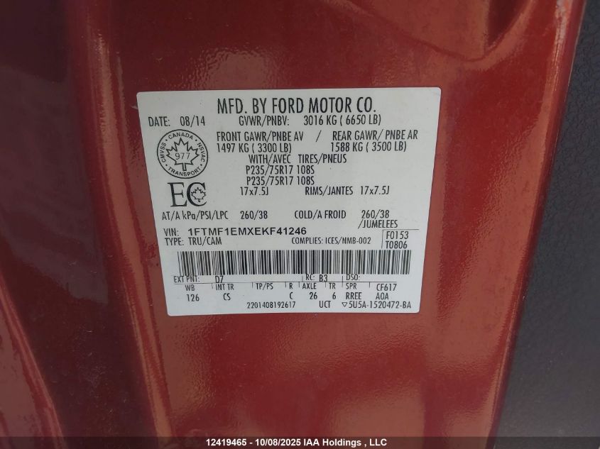 2014 Ford F-150 Stx VIN: 1FTMF1EMXEKF41246 Lot: 12419465