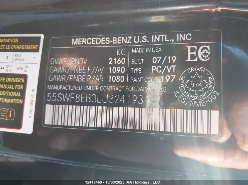 2020 Mercedes-Benz C-Class VIN: 55SWF8EB3LU324193 Lot: 12419469