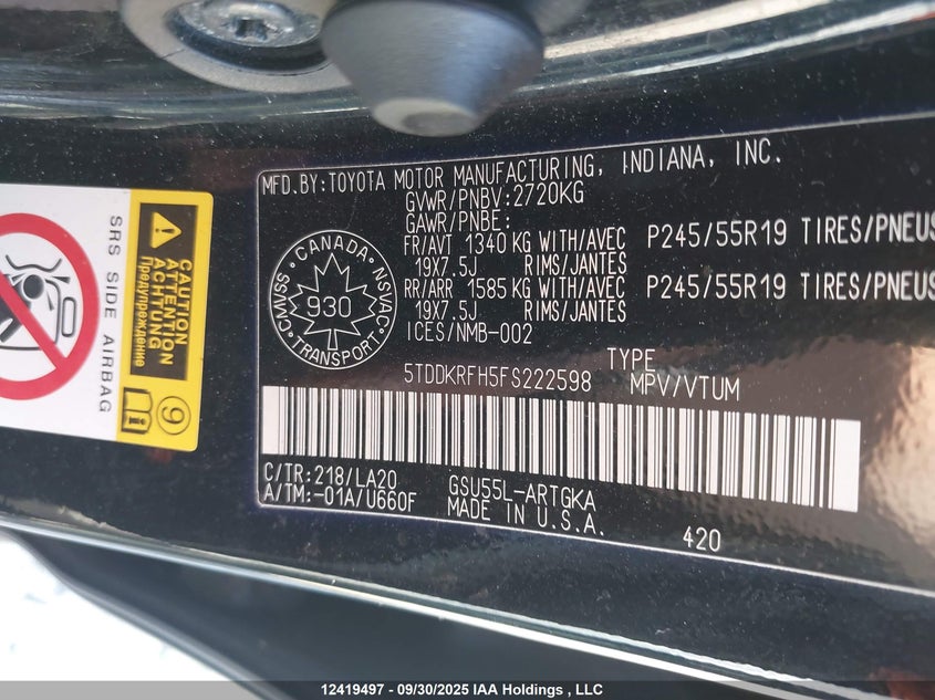 5TDDKRFH5FS222598 2015 TOYOTA HIGHLANDER photo no. 9