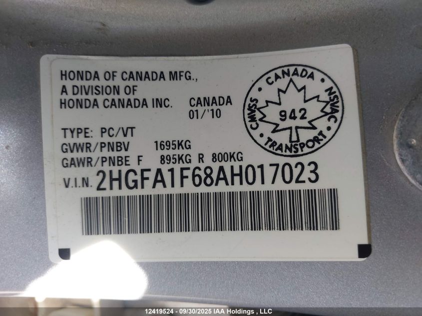 2010 Honda Civic VIN: 2HGFA1F68AH017023 Lot: 12419524