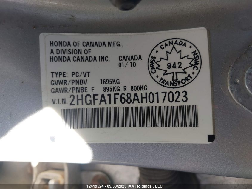 2010 Honda Civic VIN: 2HGFA1F68AH017023 Lot: 12419524
