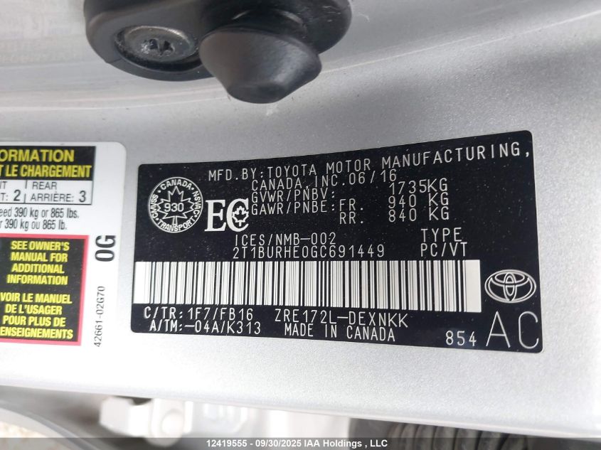 2016 Toyota Corolla Le VIN: 2T1BURHE0GC691449 Lot: 12419555