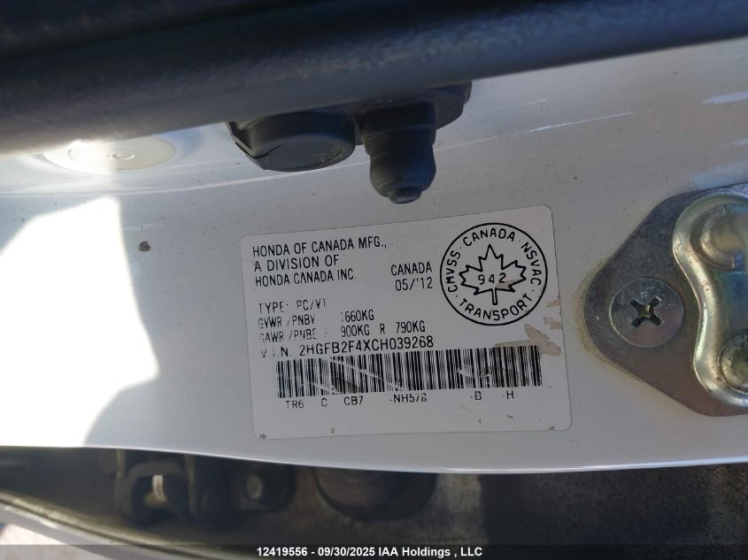 2012 Honda Civic VIN: 2HGFB2F4XCH039268 Lot: 12419556