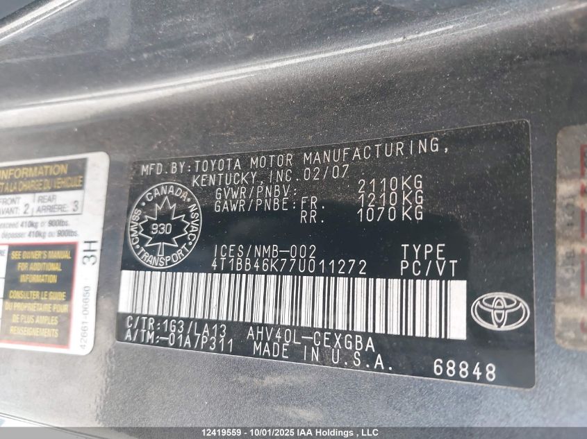 2007 Toyota Camry Hybrid VIN: 4T1BB46K77U011272 Lot: 12419559