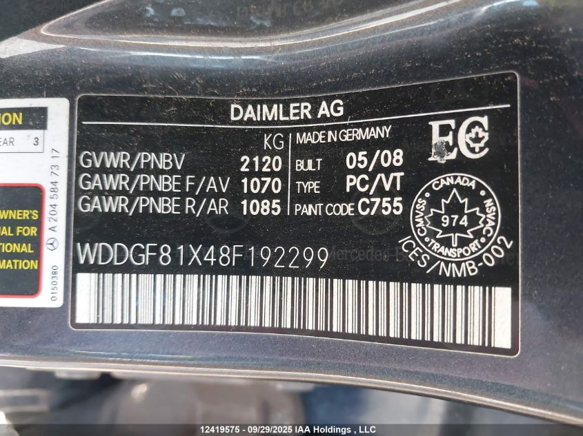 2008 Mercedes-Benz C 300 4Matic VIN: WDDGF81X48F192299 Lot: 12419575