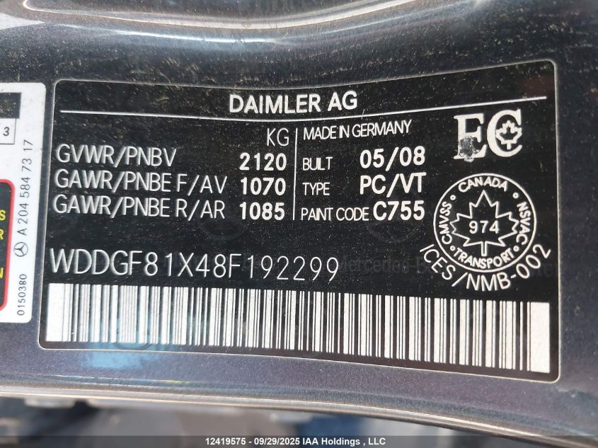 2008 Mercedes-Benz C 300 4Matic VIN: WDDGF81X48F192299 Lot: 12419575