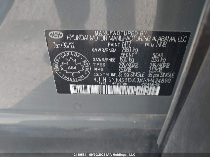 2022 Hyundai Santa Fe Sel VIN: 5NMS3DAJXNH424890 Lot: 12419584