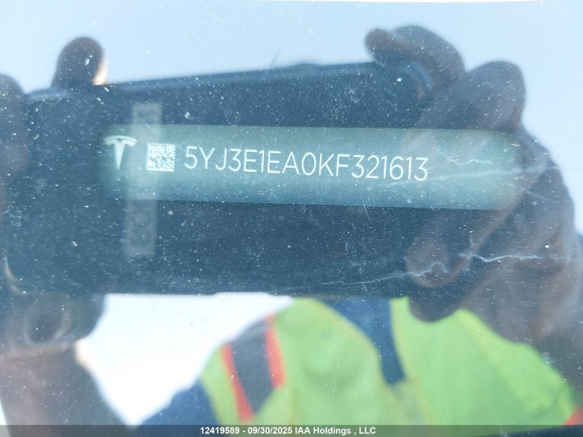 2019 Tesla Model 3 VIN: 5YJ3E1EA0KF321613 Lot: 12419589