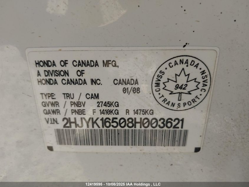 2008 Honda Ridgeline Ex-L VIN: 2HJYK16508H003621 Lot: 12419595