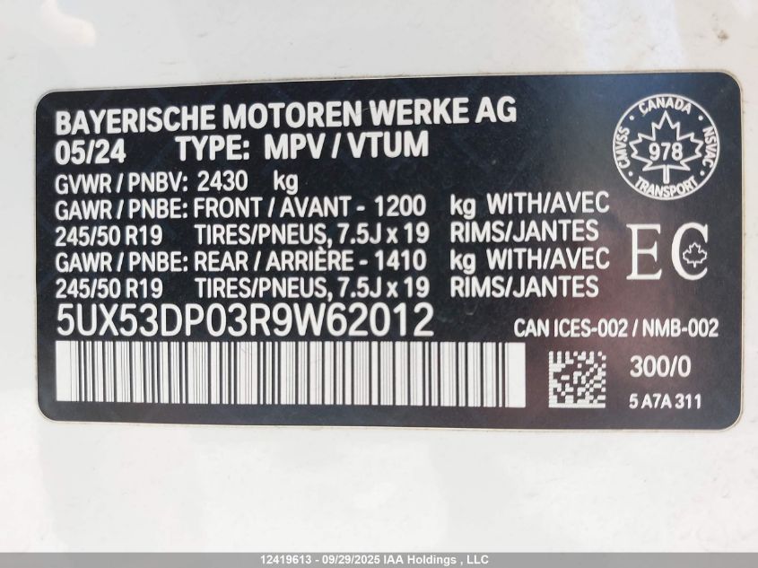 2024 BMW X3 xDrive30I VIN: 5UX53DP03R9W62012 Lot: 12419613