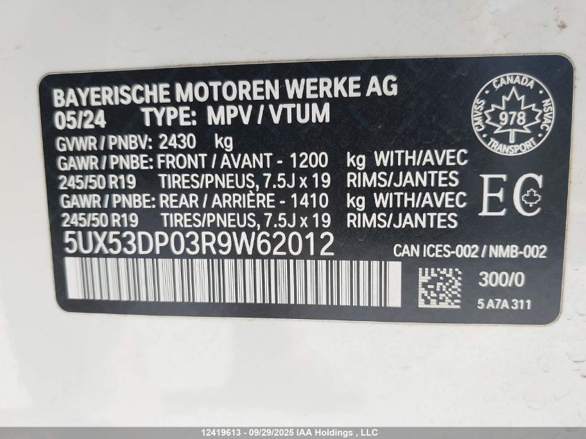 2024 BMW X3 xDrive30I VIN: 5UX53DP03R9W62012 Lot: 12419613