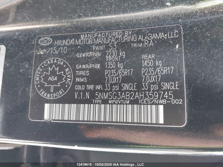 2010 Hyundai Santa Fe Gl 2.4 VIN: 5NMSG3AB2AH359745 Lot: 12419615