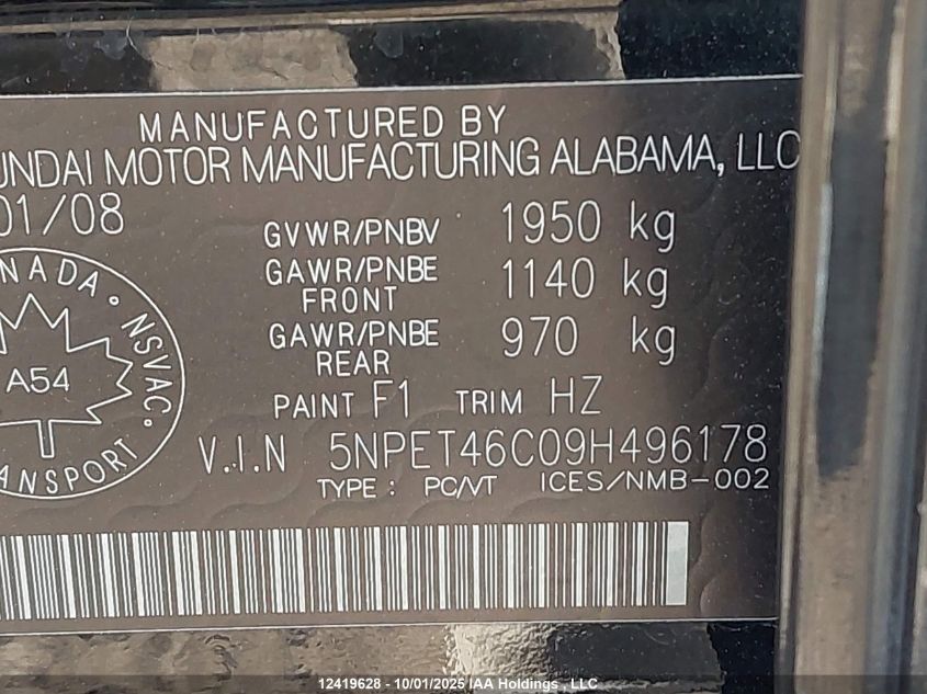 2009 Hyundai Sonata Gls VIN: 5NPET46C09H496178 Lot: 12419628